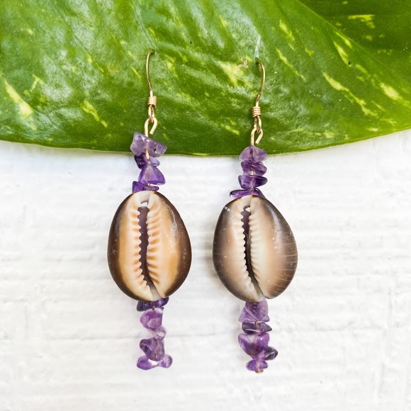 🐚14KGoldFilled Real Seashell/Amethyst Earrings - Picture 2 of 8